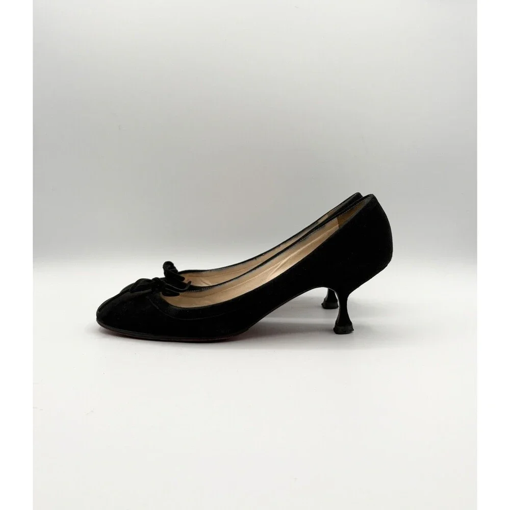 Christian Louboutin Black Suede Bow Accent Marcia Balla Kitten Heels Size EU 38